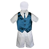 5pc Baby Toddler Boys White Shorts Hat Green Teal Necktie Vest Suits Set (4T)