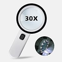 Magnifying Glass with Light, 30X Handheld Magnifying Glass, 12 LED Illuminated Lighted Magnifier for Low Vision Seniors Reading, Macular Degeneration, Soldering, Inspection, Coins, Jewelry, Exploring