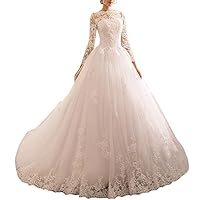 Ball Gown Fashion Wedding Dresses Court Train Long Sleeve Illusion Neck Elegant Bridal Gowns with Appliques 2024