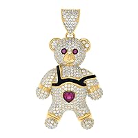 10k Yellow Gold Black tone Mens Pink White Love Heart Round CZ Cubic Zirconia Simulated Diamond Teddy Bear Charm Pendant Necklace Measures 48.5x27mm Wide Jewelry for Men