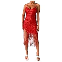 XJYIOEWT Dresses for Women 2024 Casual Spring Plus Size, Women's Sexy Sequin V Neck Tassel Suspender Dress High End SLI