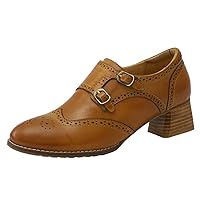 Mona flying Women's Vintage Leather Chunky Mid Heel Oxfords Brogues Dress Pumps Perforated Round Toe Shoes