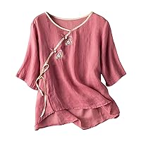 Linen Shirts for Women Plus Size 3/4 Length Sleeve Tops Casual Loose Fit Round Neck Tees 2024 Summer Fashion Blouse