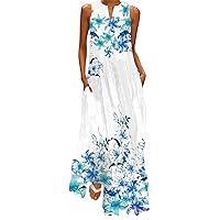 Women's Fashion Maxi Dresses Floral Boho Summer Dress Printed V Neck Sleeveless Casual Vacation Sundress with Pockets