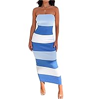Women Rib Knit Tube Dresses Strapless Slim Fit Casual Hollow Out Striped Midi Dress Ribbed Knit Bodycon Dress Outwear (C Blue, L)