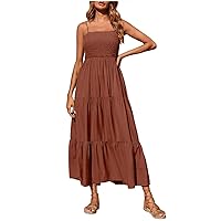 Sale Clearance Summer Boho Dress for Women Spaghetti Strap Maxi Sundress Flowy Tiered Ruffle Beach Dress Solid Smocked Sundress Modest Dresses Brown