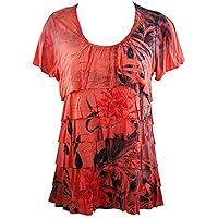 Pretty Woman - Double Ruffle, Scoop Neck, Cap Sleeve, Sublimation Print Coral Top