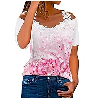 Womens Summer Tops Off The Shoulder Lace Patchwork Shirt Blouse Short Sleeves Floral Tie Dye Printing Tee Tunics