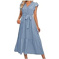 Women Swiss Dots Lace V Neck Wrap Belted A-Line Dress Fashion Frill Sleeve Ruffle Hem Summer Loose Solid Mid Dress