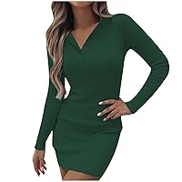 Women's Fall Sweater Dress Sexy V Neck Bodycon Knit Jumper Dresses Casual Long Sleeve Ribbed Pullover Mini Dress