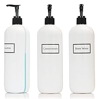 Refillable Body Wash Shampoo and Conditioner Pump Dispenser Bottles with View Stripe, 19 oz 3-Pack Set (Black Pumps) - Silkscreen Labeled Shower Bottles, Empty Plastic Bottles with Pump for Bathroom