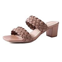 N.N.G Women Heels Sandals Braided Block Nude Summer Chunky Square Leather Woven Comfort Strappy Dress Casual Pumps Mules