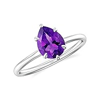 Natural Amethyst Pear Solitaire Ring for Women Girls in Sterling Silver / 14K Solid Gold/Platinum