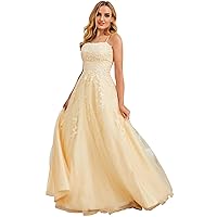 Womens Spaghetti Straps Lace Ball Gown Prom Dresses with Appliques Long Tulle Formal Dress