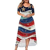 Women's 4Th of July Outfits Large Size Short Sleeve Fashion Print Round Neck Strapless Irregular Dress, XL-5XL