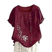 Women's Embroidered Blouse Cotton Linen Short Sleeve Square Neck Peasant Boho Top Casual Loose Button-Down T Shirts