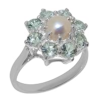Solid 18k White Gold Cultured Pearl & Aquamarine Womens Cluster Ring - Sizes 4 to 12 Available