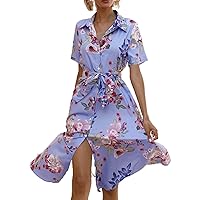 Womens Summer Dress Casual Ditsy Floral Print Tshirt Midi Dress with Tie Front Button Up and Breathable Fabric