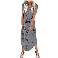 Womens Summer Maxi Dresses with Pockets Short Sleeve Casual Crewneck Long Dresses Dot Graphic Cute Vacation T Shirt Dresses