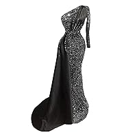 One Shoulder Prom Mermaid Long Dresses for Women with SleeveSparkly Sequin Long Formal Evening Gown