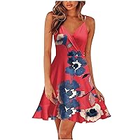 Long Maxi Dresses for Women, Beach 2024 Spring Summer Trendy Elegant Wrap V Neck Floral Boho Flowy Hawaiian Mini Dress Women One Shoulder Dress Wedding Guest Dresses Casual (M, Red)