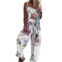 Jumpsuit for Women Fashion Summer Sweet Loose Casual Print Sleeveless Square NeckRetro Strappy Jumpsuit
