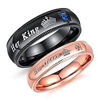 Romantic Stainless Steel Her King His Queen Couple Ring Crown Cubic Zirconia Promise Engagement Wedding Bands, Black/Rose Gold