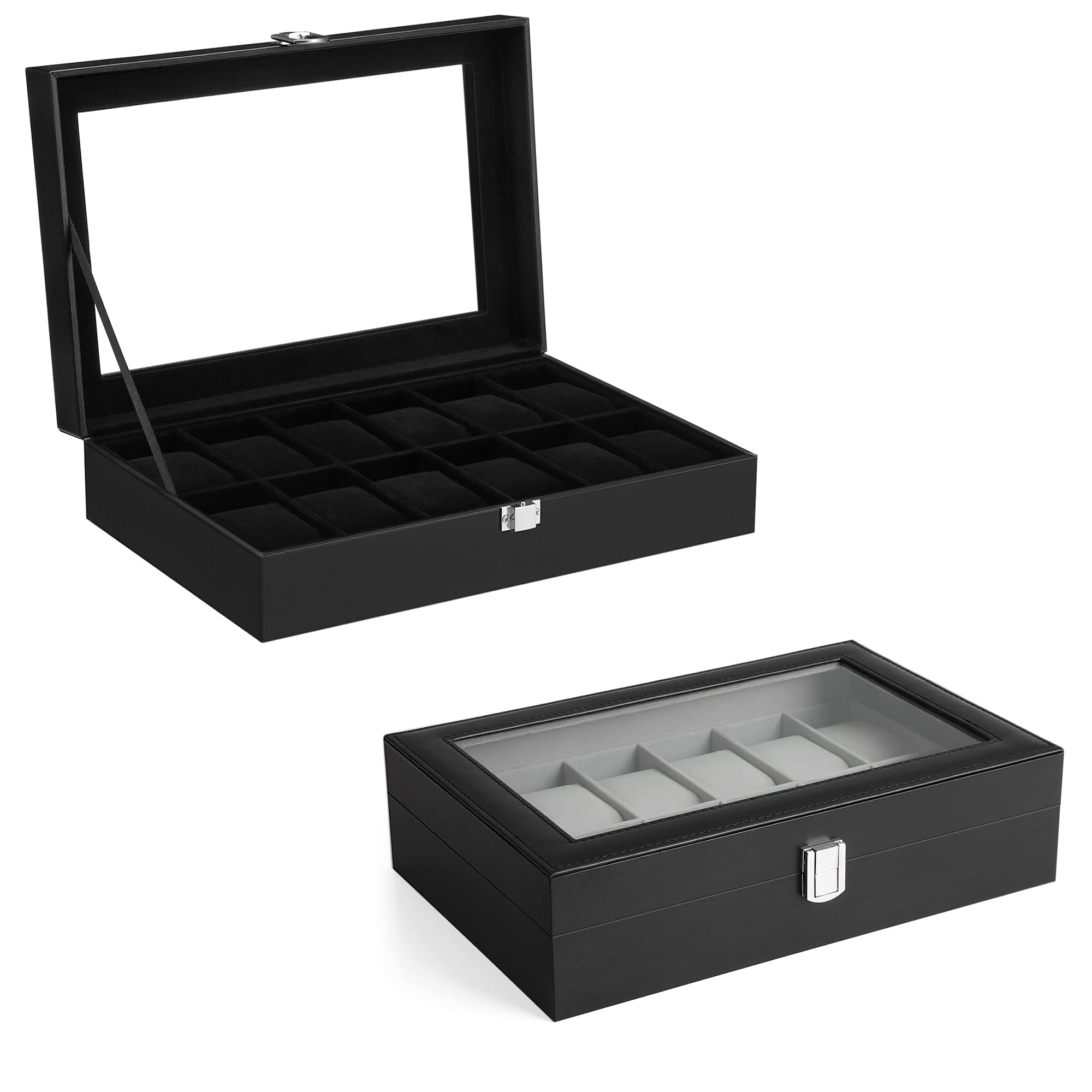 SONGMICS Watch Box Bundle, 12-Slot Watch Case with Glass Lid, Watch Holder with Removable Watch Pillow, Velvet Lining, Metal Clasp, Watch Display, Black UJWB12BK and UJWB012B01