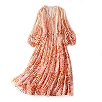 Summer Silk Dress V-Neck Elastic Waist Printed Embroidered Flared Beach Skirt