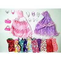 22 pcs Suit Doll Clothes and Accessories. 2 Wedding Dresses+10 Short Skirts+6 Necklaces+2 Crowns+2 Bags.