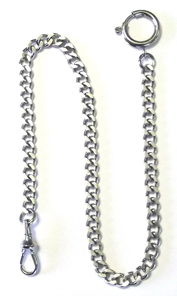 Dueber Silver Tone Chrome Plated Steel Deluxe Sport Pocket Watch Chain with Large Spring Ring