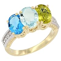 14K Yellow Gold Natural Swiss Blue Topaz, Aquamarine & Lemon Quartz Ring 3-Stone 7x5 mm Oval Diamond Accent, Sizes 5-10