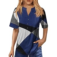 Blue and White Tops for Women Womens Petite Tops Dressy Casual Plus Size Blouses for Women Dressy Summer V-Neck Button-Down Short Sleeve T-Shirt Dressy Tunic Top Royal Blue X-Large