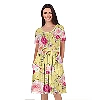 Women's Short Sleeve Empire Knee Length Dress with Pockets Floral Yellow
