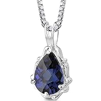 PEORA Created Blue Sapphire Vintage Teardrop Pendant Necklace for Women 925 Sterling Silver, 2.25 Carats Pear Shape 10x7mm, with 18 inch Chain