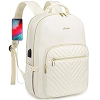 LOVEVOOK Laptop Backpack Purse for Women, Work Business Travel Computer Bags, Nurse Backpack for Womens, Quilted Casual Daypack with USB Port, Fit 15.6 Inch Laptop, Beige White
