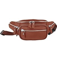 Genuine Leather Fanny Pack Waist Bag Body Pouch Pockets Organizer Phone Holder (Small 12 * 4.5 * 2, Brown Silver)