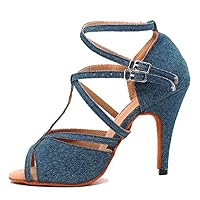 Women's Stiletto Heel Peep Toe Denim Fabric Salsa Tango Rumba Samba Latin Modern Dance Shoes
