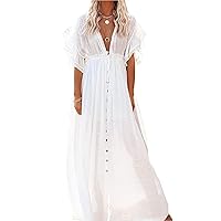 Maxy Summer Linen Cotton Boho Trendy Button White Dress for Women, Loose Fit Bohemian Beach Wedding Casual Every Day Modern