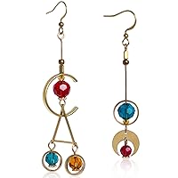 Mismatched Asymmetric Geometric Dangle moon Earrings for woman- Unique Semicircle and Triangle Design in Brass and Multicolor Glass