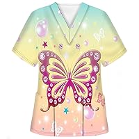 Scrub_Tops for Women Short Sleeve V-Neck Pullover Working Uniform T-Shirt Trendy Butterfly Printing Pocket Tunic