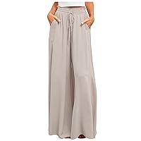 Flowy Wide Leg Pants for Women Ladies Elastic High Waist Palazzo Pants Solid Casual Beach Trousers Pocket Long Pant