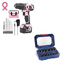 WORKPRO Pink Cordless 20V Lithium-ion Drill Driver Set+WORKPRO 15 Pieces Impact Bolt & Nut Remover Set, 3/8” Drive Bolt Extractor