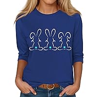 Easter Shirts for Women,3/4 Length Sleeve Womens Tops Bunny Eggs Print Graphic Round Neck Shirt Cute Tops for Women