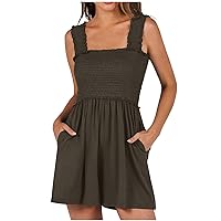 Jumpsuits For Women Summer Casual Sleeveless Square Neck Smocked Short Romper Ruffle Backless Jumpsuit With Pockets