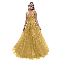 Tulle Prom Dress Lace Appliques Formal Dresses for Women V Neck Sparkly Spaghetti Strap Evening Dress