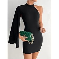 Women's Dress Asymmetrical Neck Cloak Sleeve Bodycon Dress (Color : Black, Size : XX-Small)