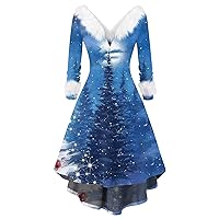 Women's Christmas Party Dress Fashion V-Neck Casual Fit Print Long Sleeve Dress Girls, S-5XL