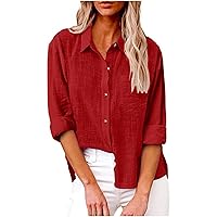 Cotton Linen Button Down Shirt Women Casual Rolled Long Sleeve Solid Color Shirts Loose Work Tops with Pockets