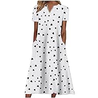Plus Size Women Heart Polka Dot V Neck T-Shirt Dress Summer Short Skeeve Tunic Casual Fashion Mid Dress with Pockets
